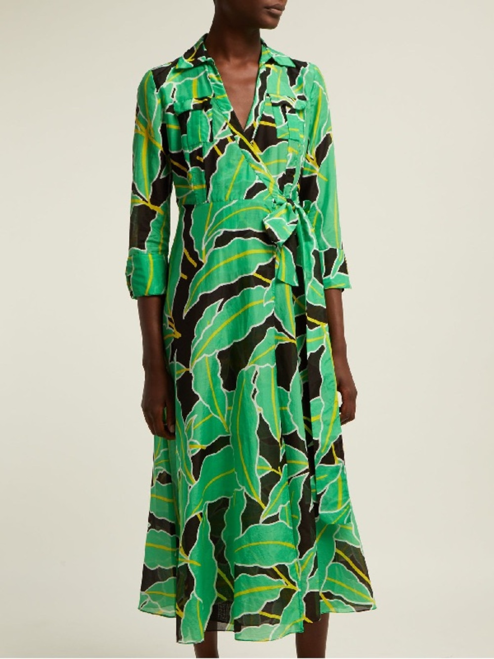 Diane Von Furstenberg Green Leaf-Print Long Sleeve Wrap Dress size S